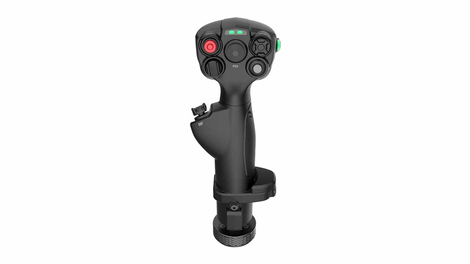 Front view of the black MOZA Racing MHG Flightstick with red trigger button, POV hat switch, and desktop mounting clamp