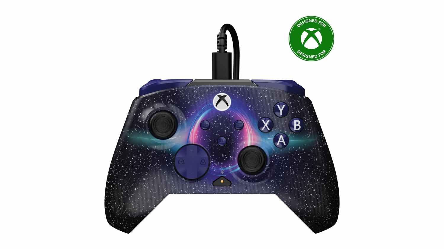 Front view of Dark Cosmos Reveal Turtle Beach Rematch Advanced Wired Controller for Xbox and PC with black starfield design and purple ring artwork