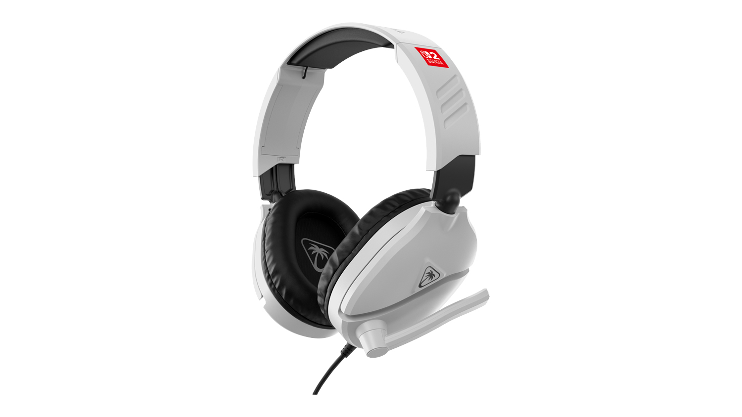 A front left angle white and black over-ear gaming headset with boom mic, cushioned ear cups, and wired design