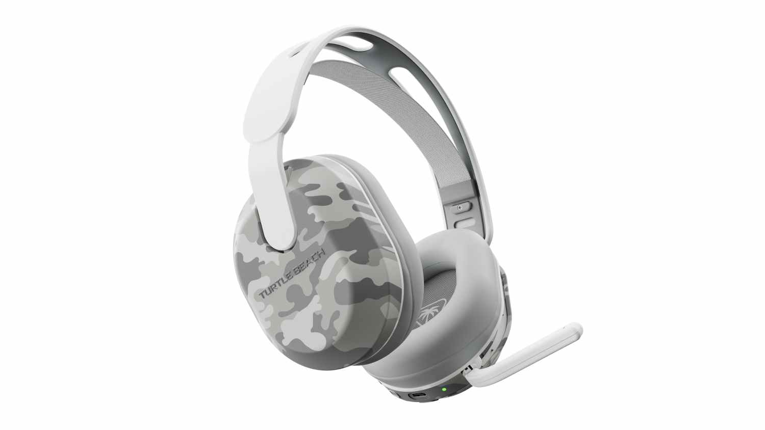 Side angle view of an Arctic camo Turtle Beach Stealth 500 wireless gaming headset for PlayStation and PC with boom microphone