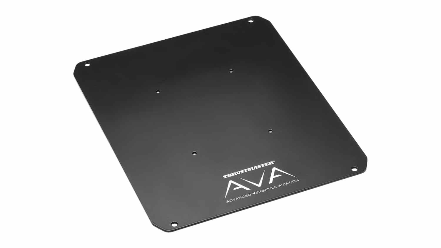 Angled top view of black Thrustmaster AVA Desktop Plate with pre-drilled mounting holes and AVA logo branding