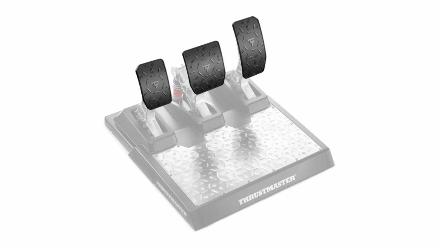 Angled view of three black Thrustmaster T-LCM Rubber Pedal Grips on a Thrustmaster racing pedal set