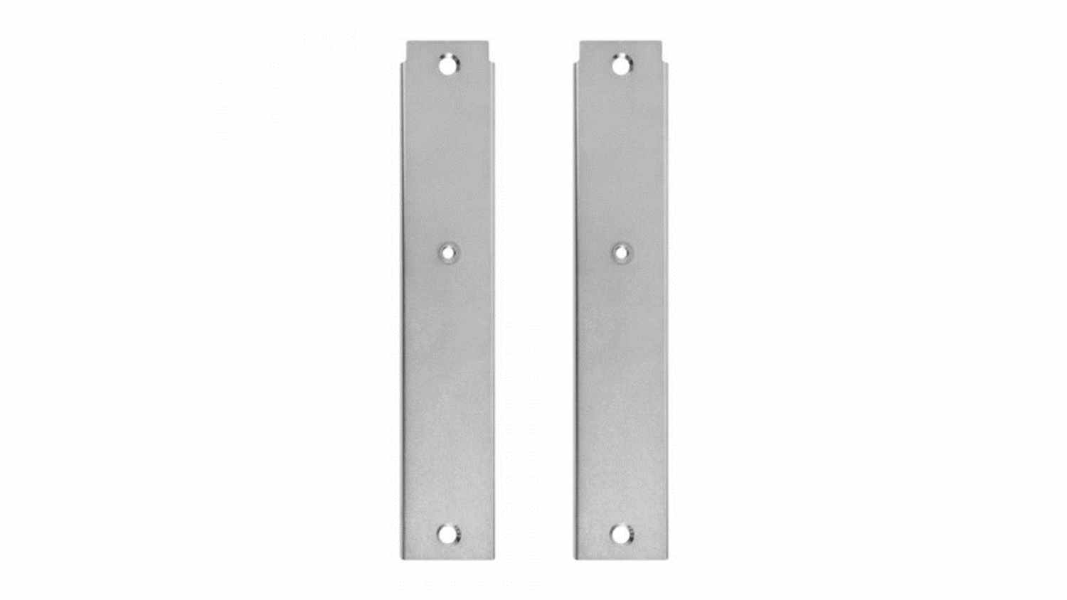 Front view of two silver Thrustmaster T-LCM Cockpit Adapter brackets with pre-drilled holes and flat rectangular design
