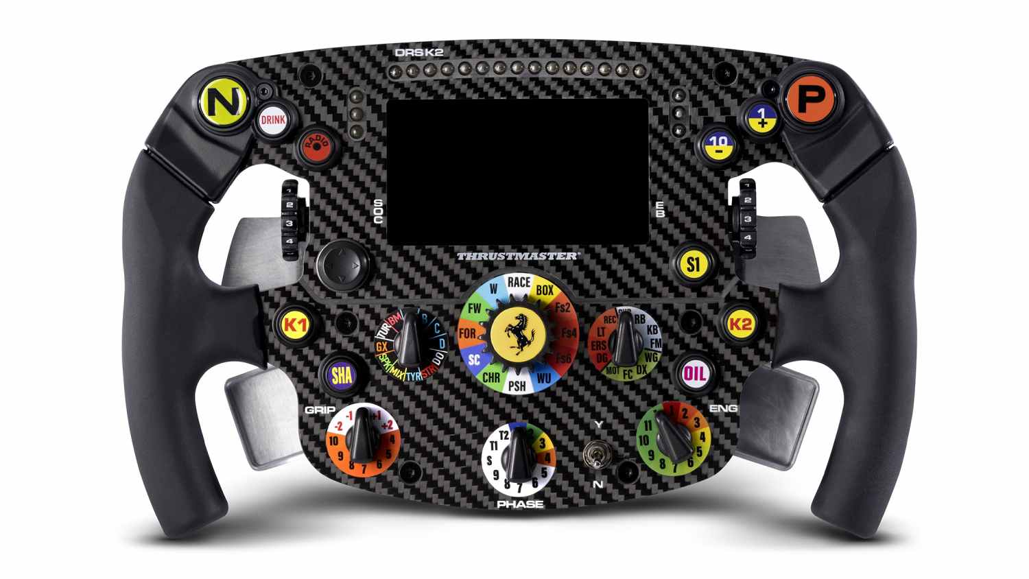 Front view of a Thrustmaster Formula-Style Racing Wheel with a carbon-look faceplate and multicolour controls