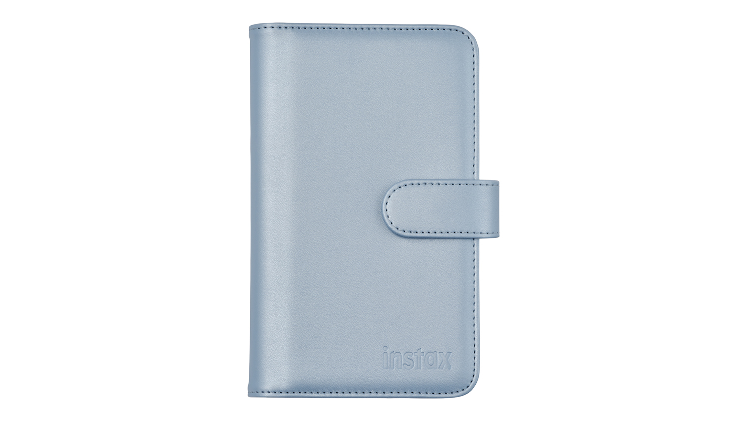 Front view of a blue Instax Mini 13 Photo Album shown closed, featuring a stitched border and a magnetic snap-closure strap