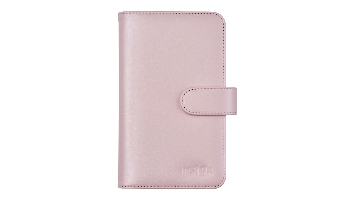 Front view of a pink Instax Mini 13 Photo Album shown closed, featuring a stitched border and a magnetic snap-closure strap
