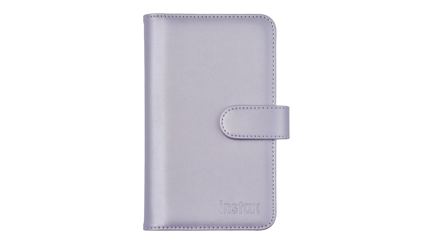 Front view of a purple Instax Mini 13 Photo Album shown closed, featuring a stitched border and a magnetic snap-closure strap