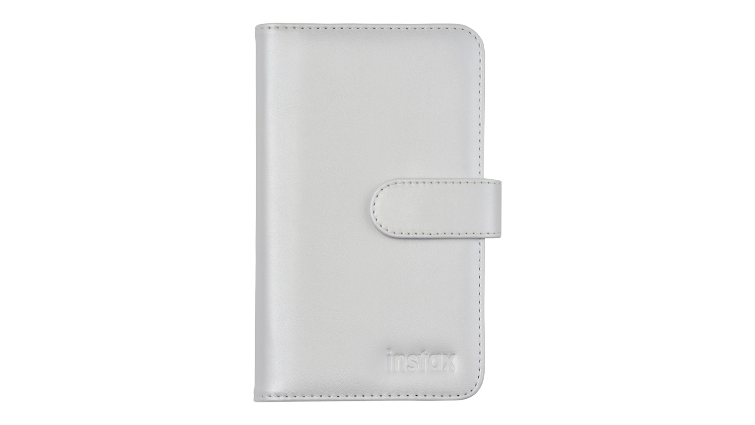Front view of a white Instax Mini 13 Photo Album shown closed, featuring a stitched border and a magnetic snap-closure strap