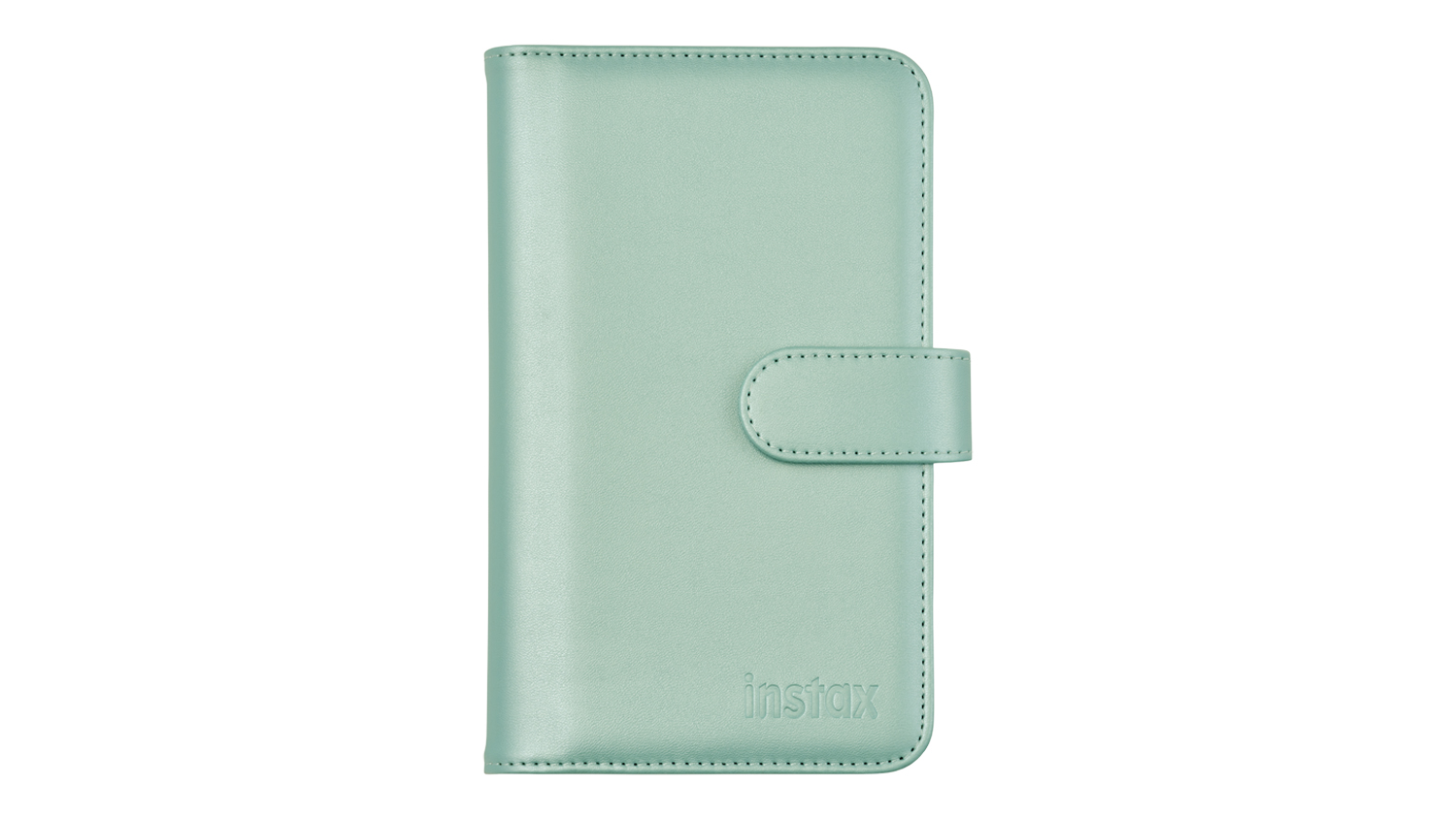Front view of a green Instax Mini 13 Photo Album shown closed, featuring a stitched border and a magnetic snap-closure strap