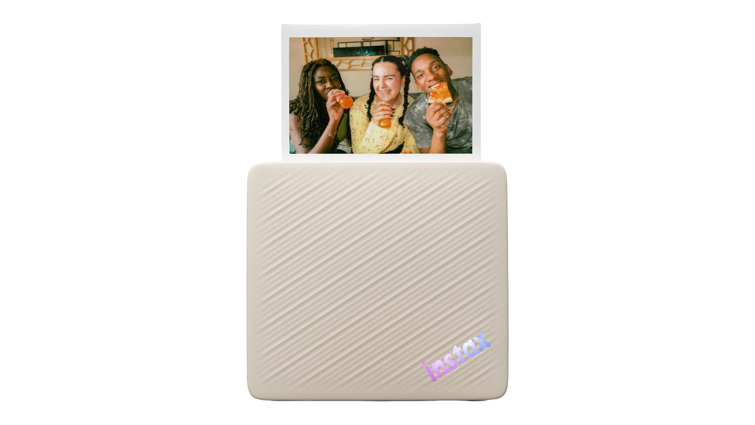 Front view of the Instax Link WIDE 2 Smartphone Printer in Duo Beige (86 mm x 108 mm), printing a wide-format photo from the top slot