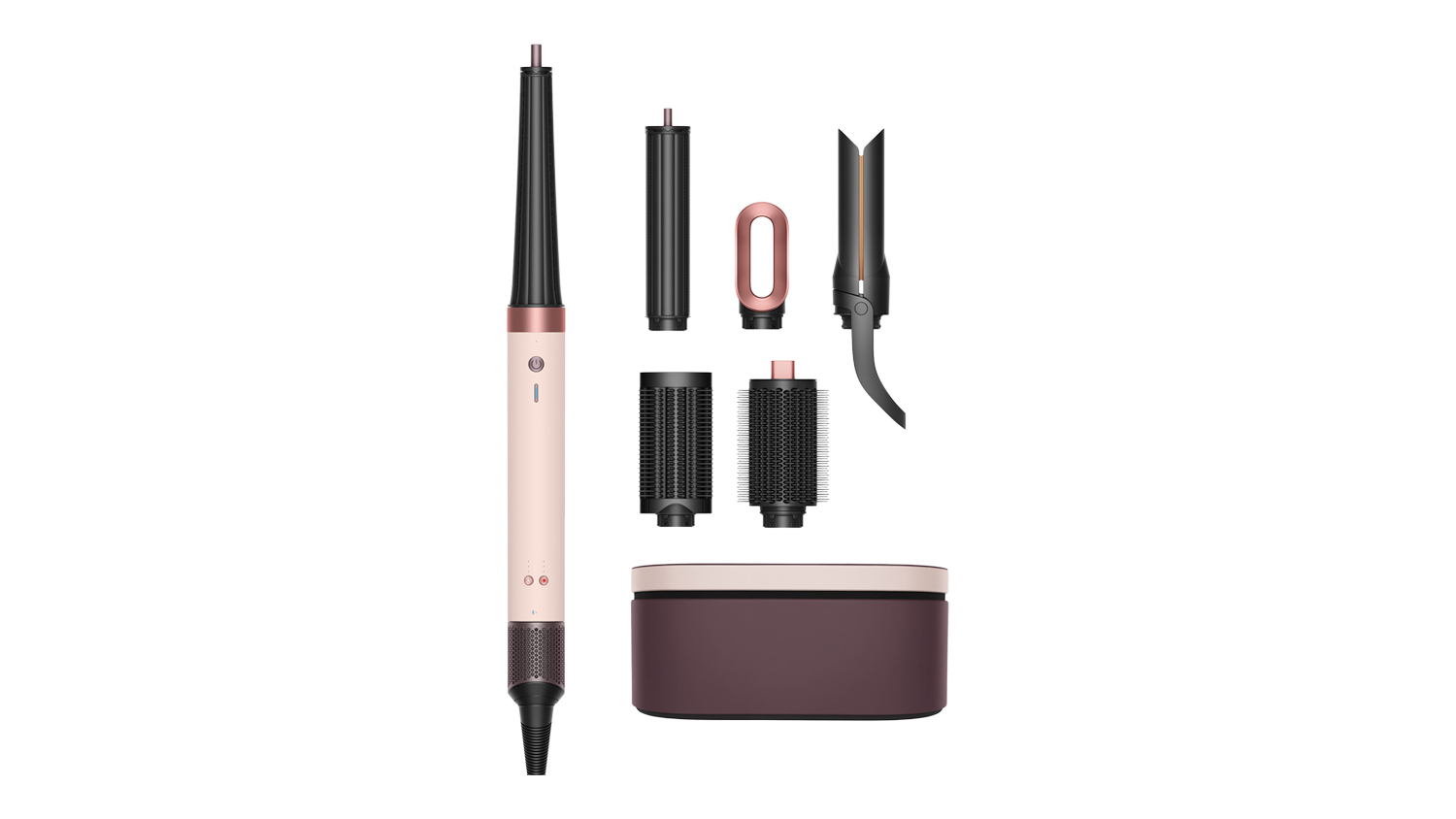 Rose gold and black Dyson Airwrap Co-anda 2x Multi-Styler & Dryer with a curling barrel, brush attachments, dryer head, and storage case