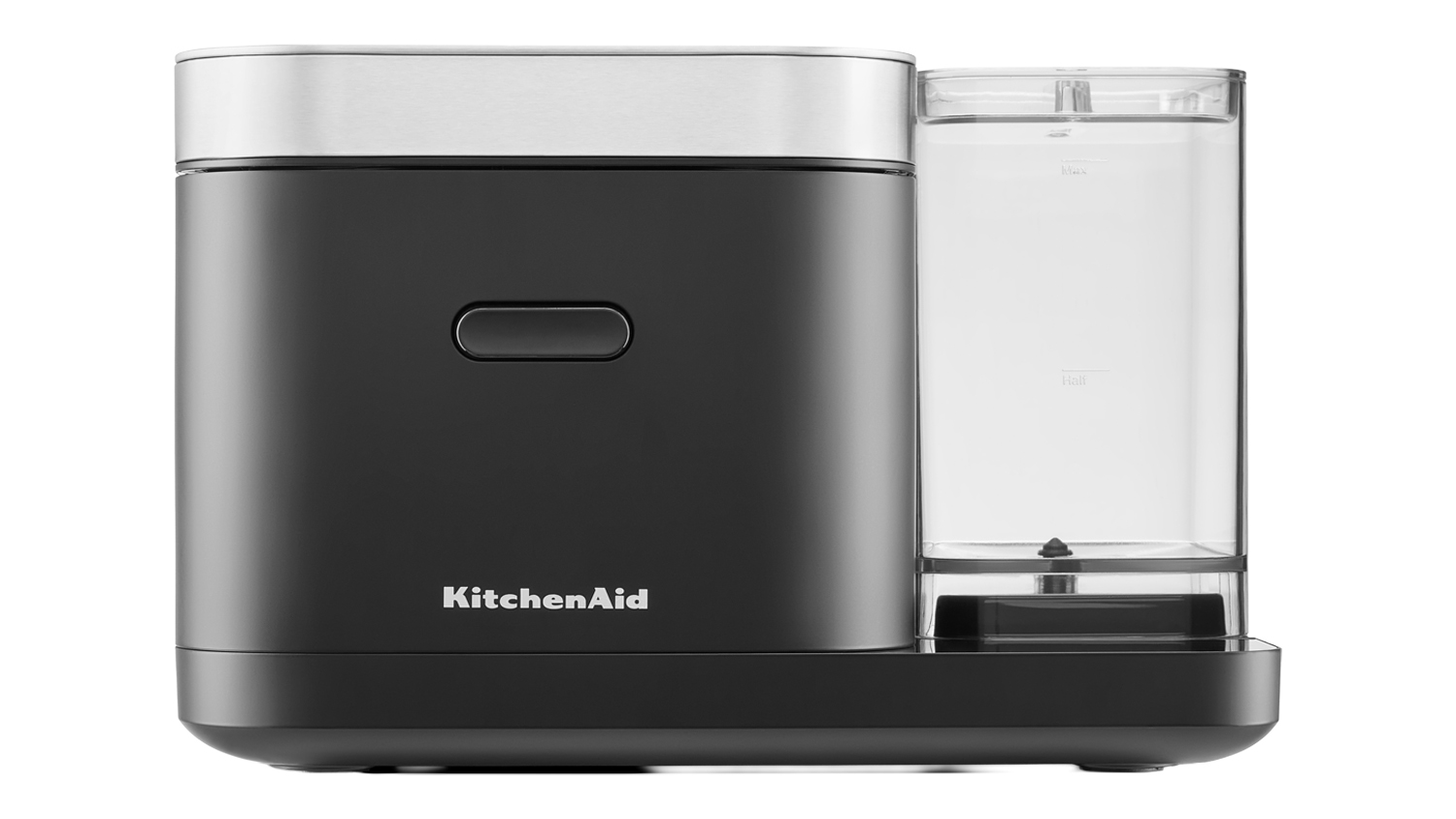 Front view of a Matte Black KitchenAid 8-Cup Automatic Grain & Rice Cooker with a transparent side water reservoir and minimalist design