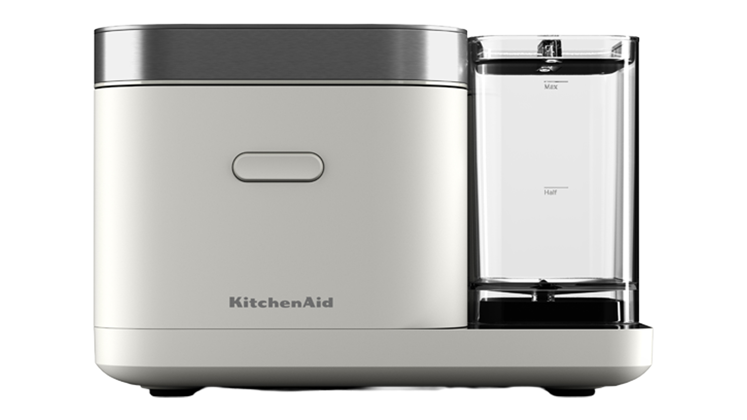 Front view of a Porcelain White KitchenAid 8-Cup Automatic Grain & Rice Cooker with a transparent side water reservoir and minimalist design