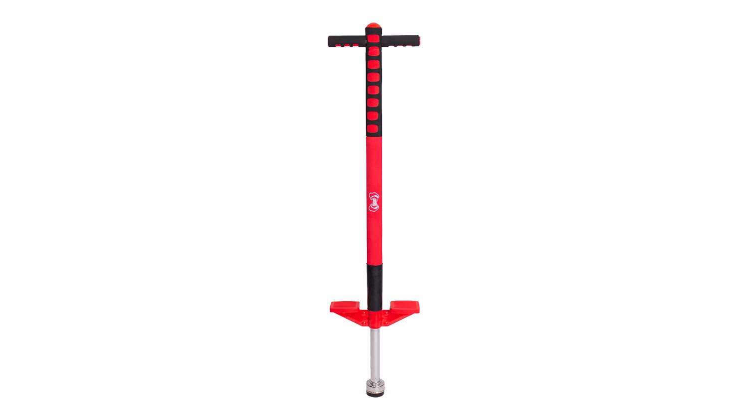 Full view of the Cooee Freestyle Pogo Stick in red and black, shown upright