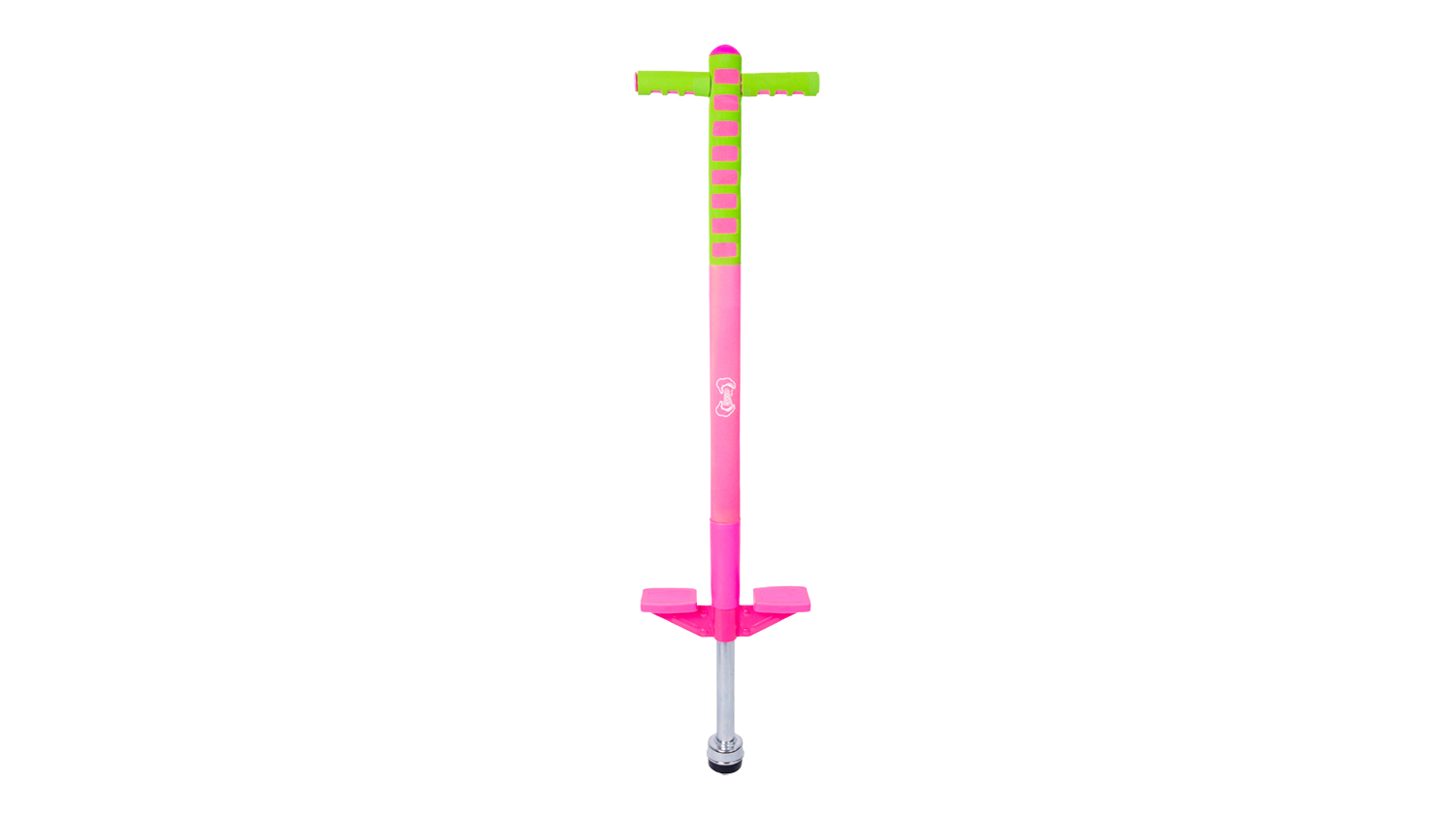 Full view of the Cooee Freestyle Pogo Stick in pink and green, shown upright