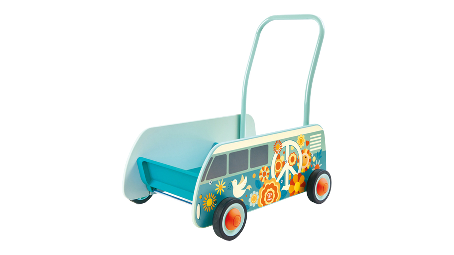 Front-angle view of the Hape Blossom Steps Push Walker featuring a turquoise wooden frame