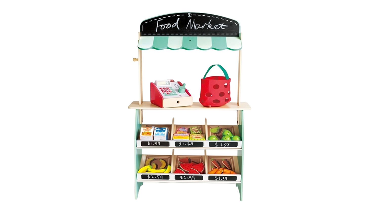 Front view of the Hape Farmer’s Market Play Stall featuring shelves of pretend fruit and vegetables