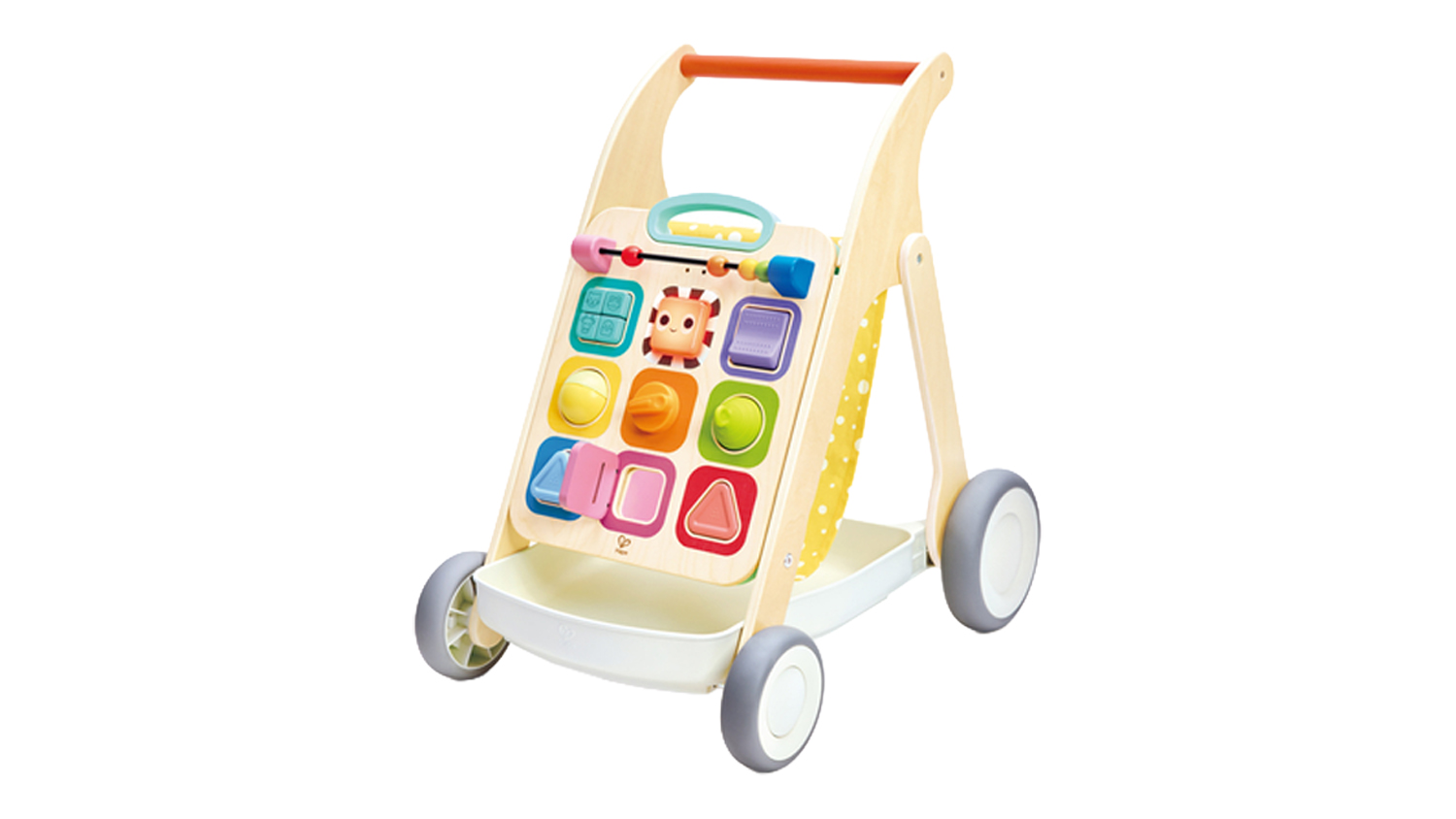 Front-angle view of the Hape baby push walker, featuring a wooden frame and colourful activity panel