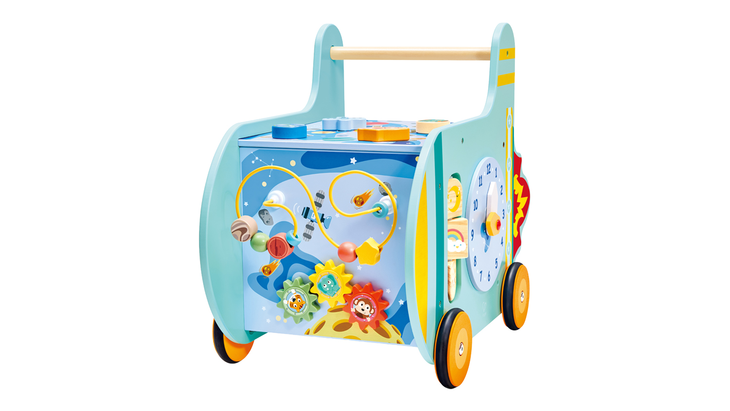 Front-angle view of the Hape Baby Walker – Blast Off, featuring a space-themed activity panel