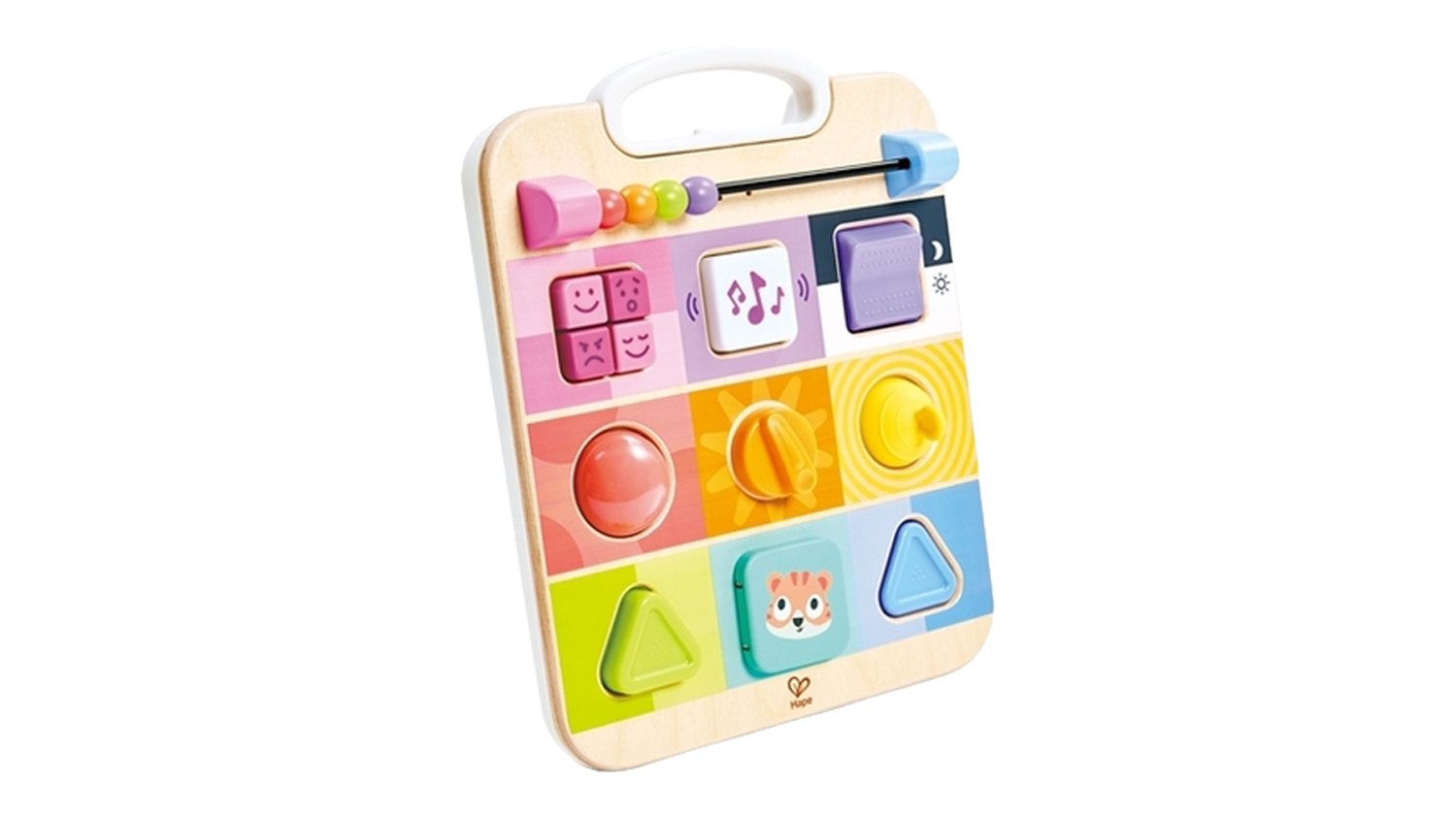 Front view of the Hape Explore & Learn Baby Sensory Play Board, featuring colourful buttons