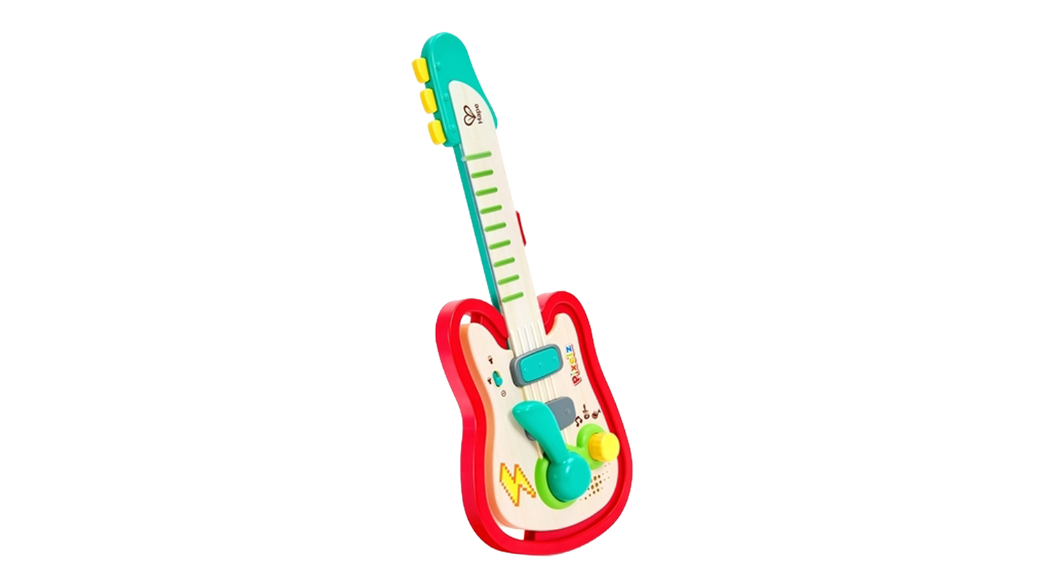 Full view of the Hape Pixelz Rainbow Rock Toy Guitar, featuring a colourful rainbow-inspired design