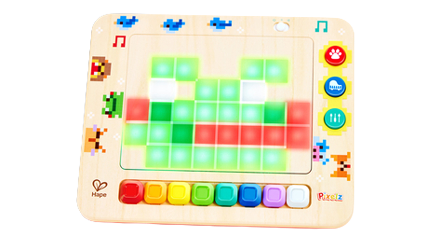 Front view of the Hape Pixelz Mini Pixel Toy Piano, featuring colourful illuminated pixel-style blocks