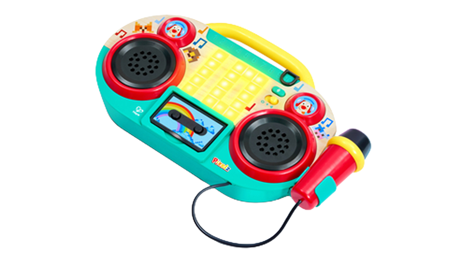 Front-angle view of the Hape Pixelz Toy Boombox, featuring colourful speakers and interactive controls