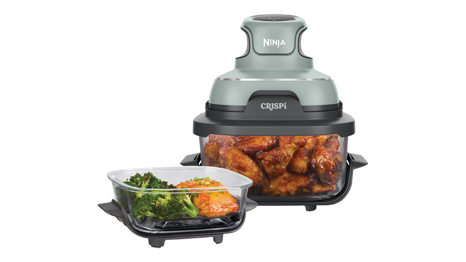 Front view of a sage green Ninja Crispi 4-in-1 Portable Glass 3.8L Air Fryer with a clear glass basket of chicken wings and a separate glass dish of salmon and broccoli