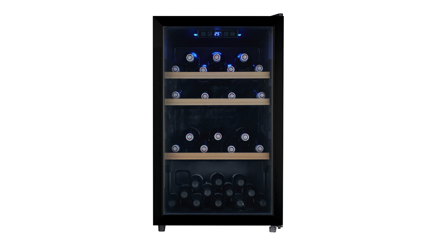 Front view of a black Konka 130L wine fridge with a glass door, wooden shelves, blue LED lighting, and bottles visible inside