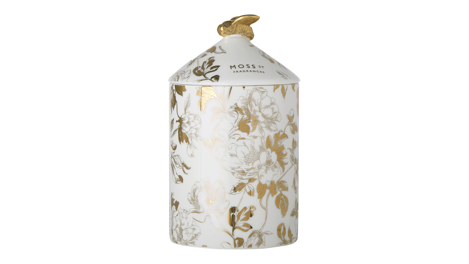 Front view of white ceramic candle jar with gold floral print and a gold bee figure on the cone-shaped lid