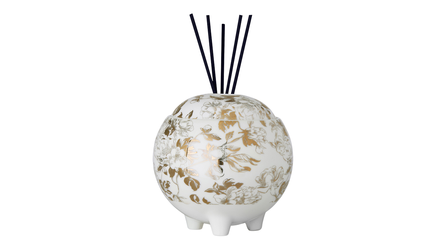 White spherical ceramic diffuser jar with gold floral design and five black reeds