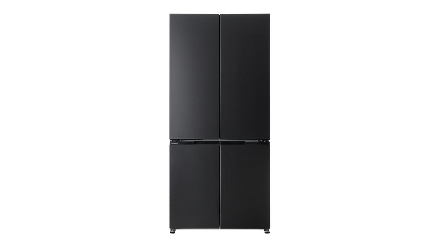 Front view of a black Panasonic XZ Series 445L Quad Door Fridge Freezer, featuring a flat-panel design and a minimalist finish