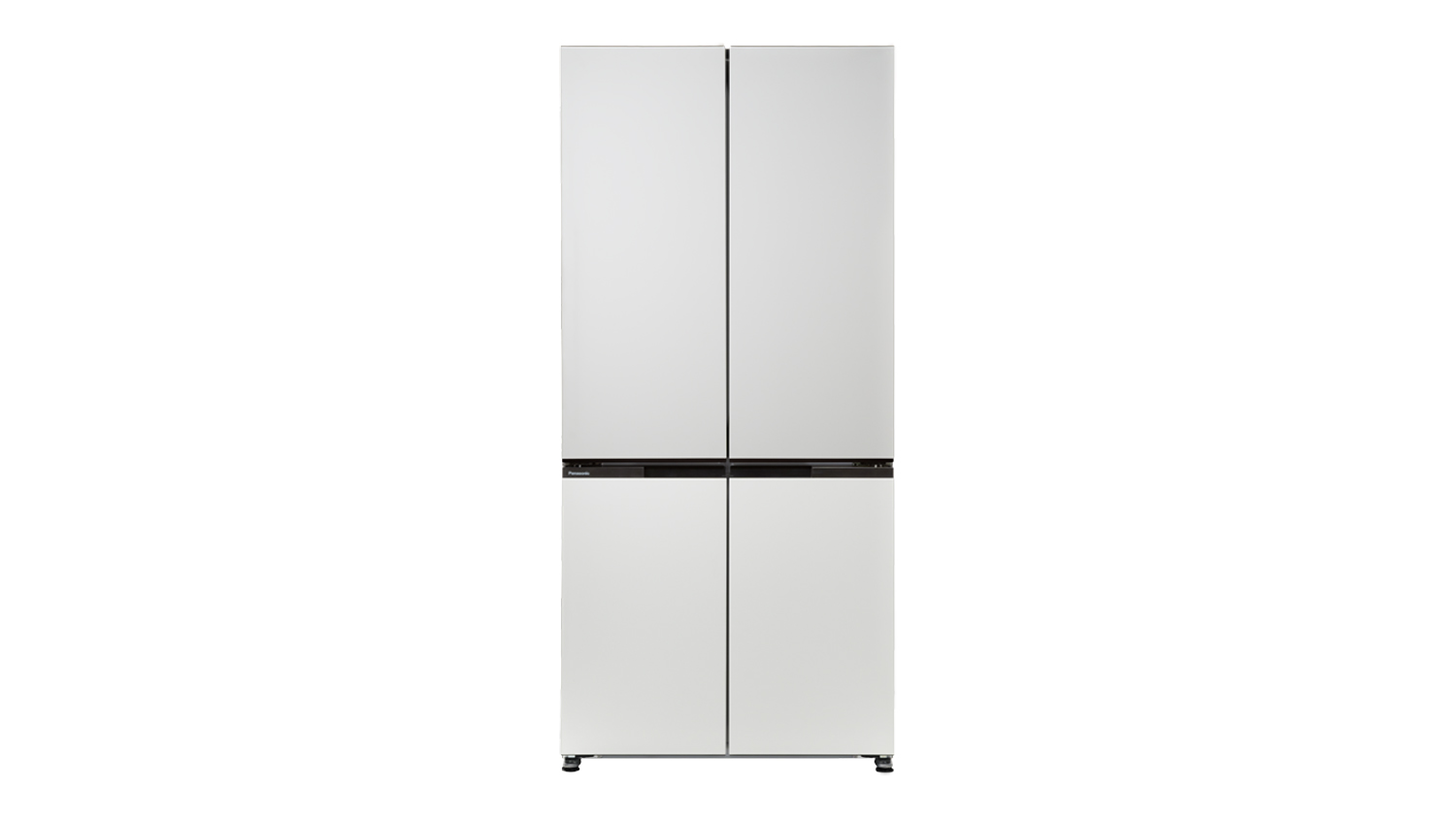 Front view of a white Panasonic XZ Series 482L Quad Door Fridge Freezer with flat-panel doors and a sleek, minimalist design