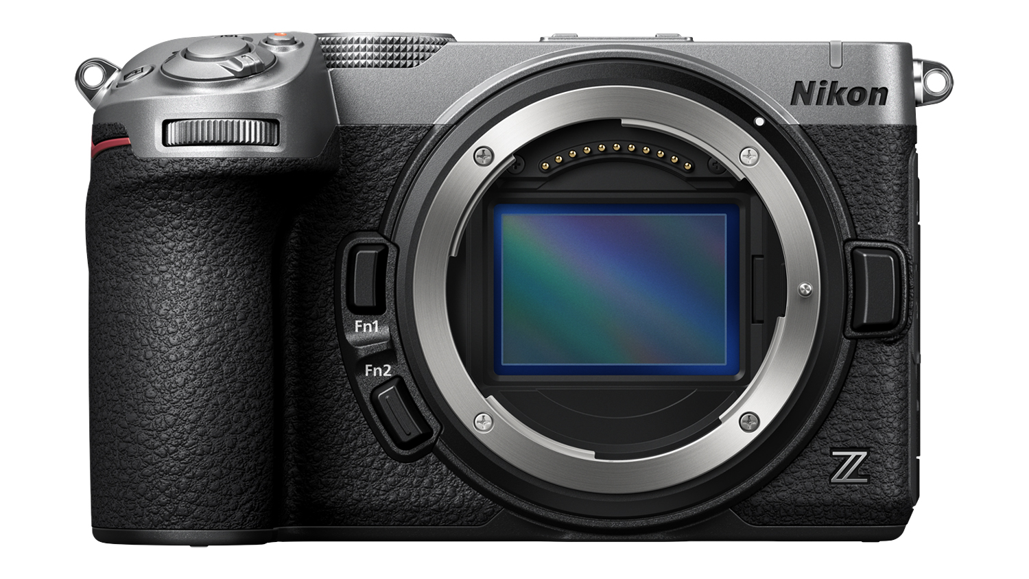 Front view of a silver and black Nikon Z5 II mirrorless camera with exposed image sensor and textured grip