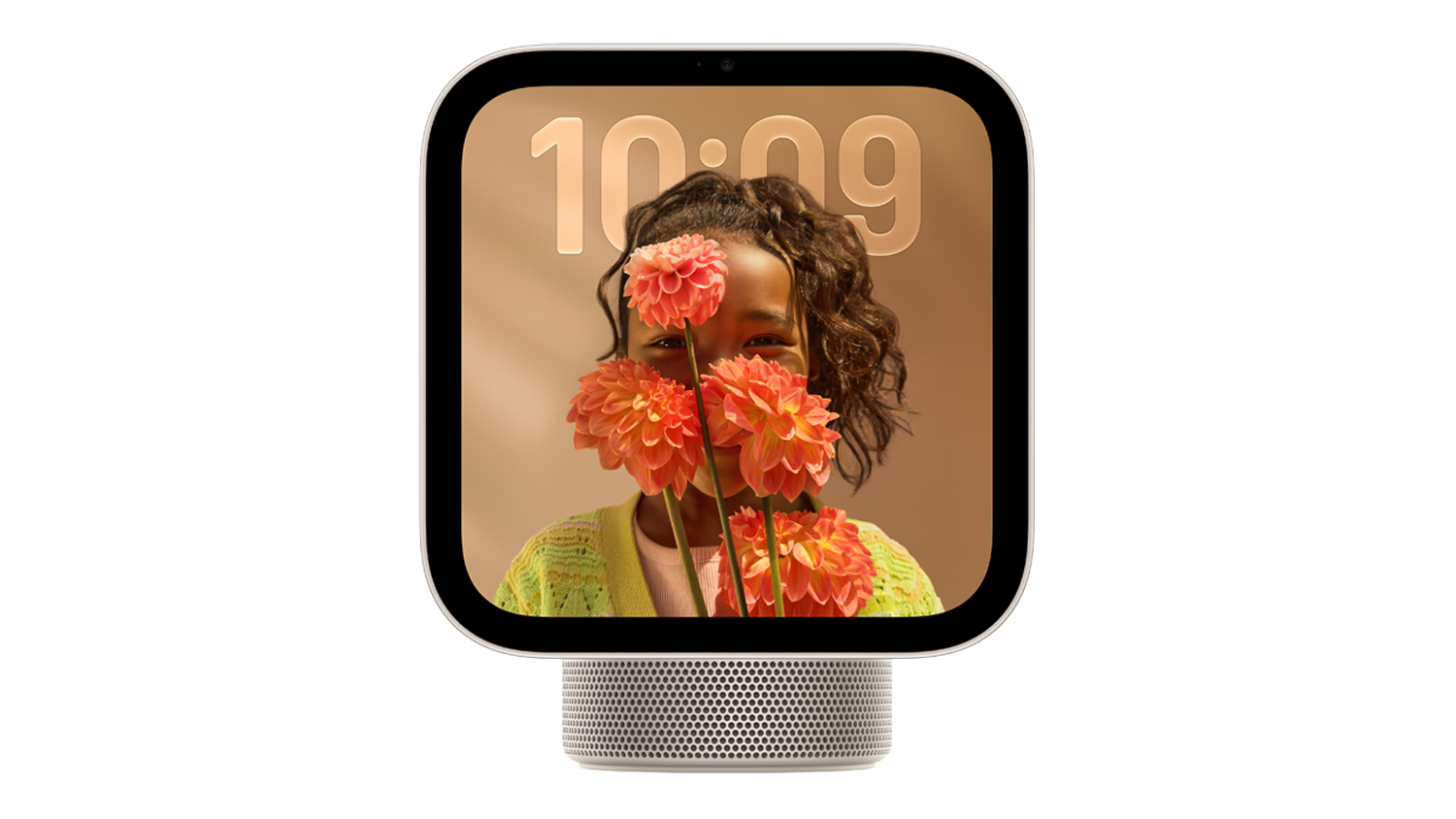 Front view of the Apple HomeView in a sleek starlight colour
