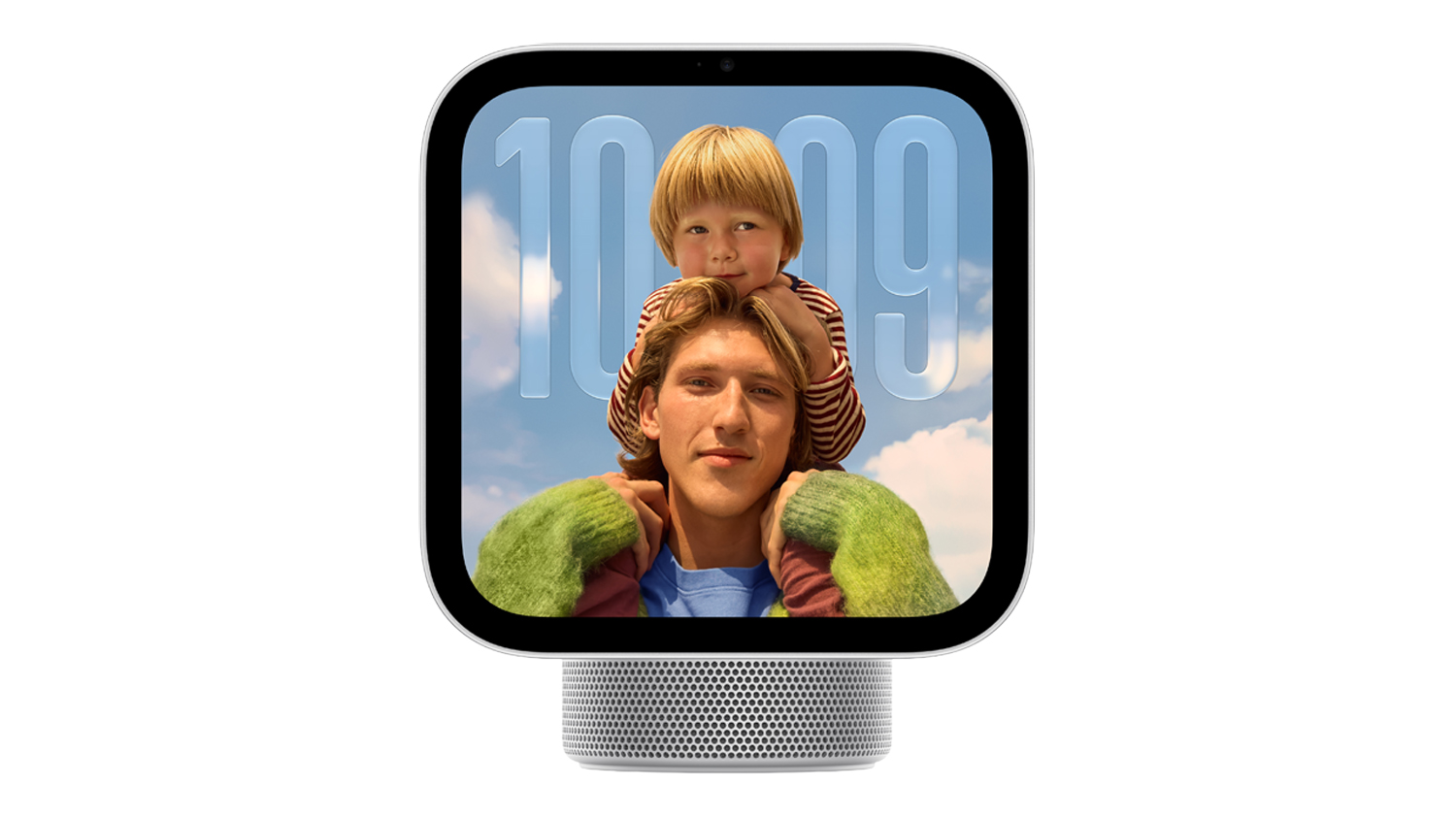 Front view of the Apple HomeView in a sleek silver colour