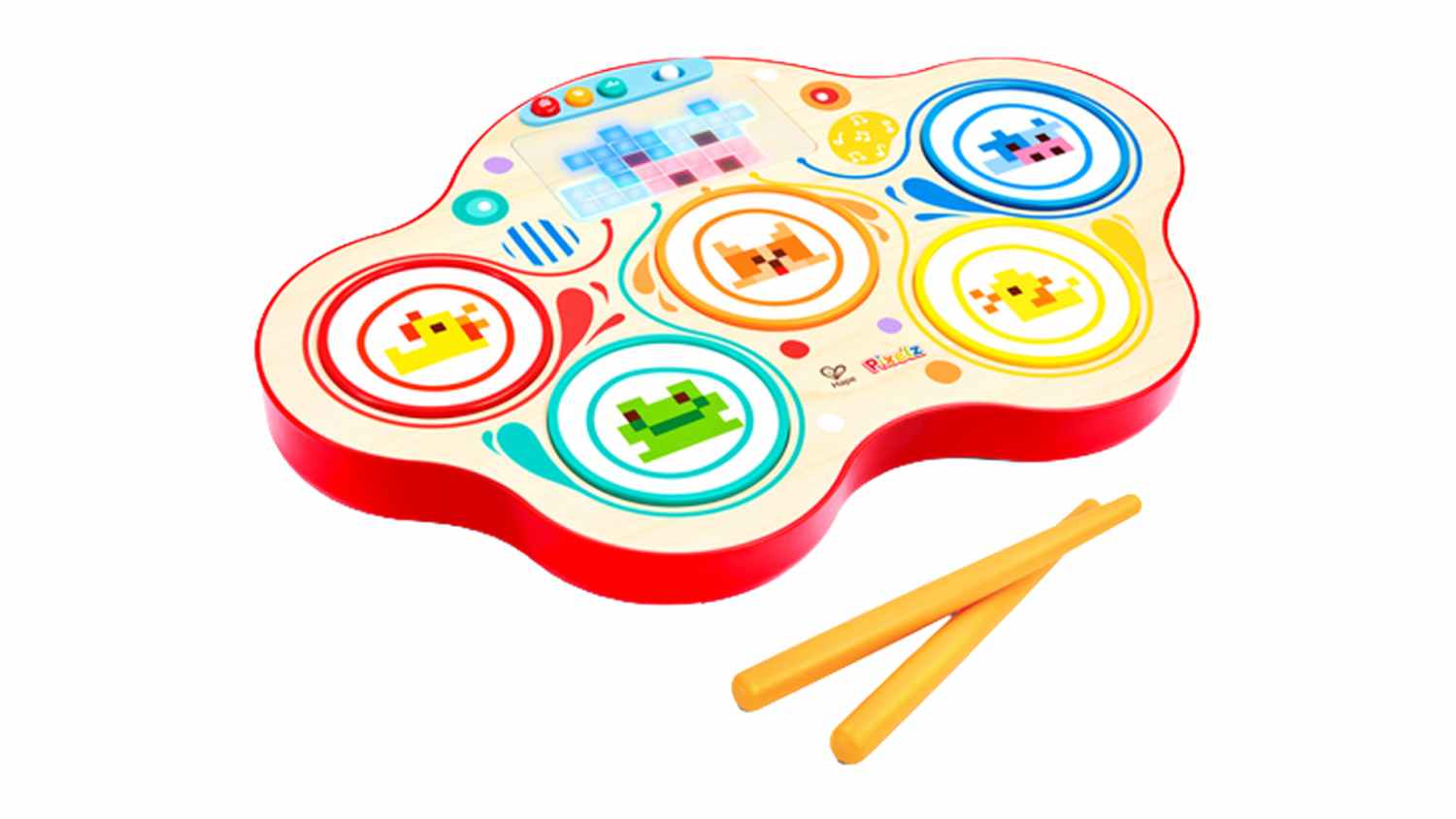 Hape Pixelz Dynamic Pixel Drum with five colourful pads, a pixel screen, and two yellow drumsticks