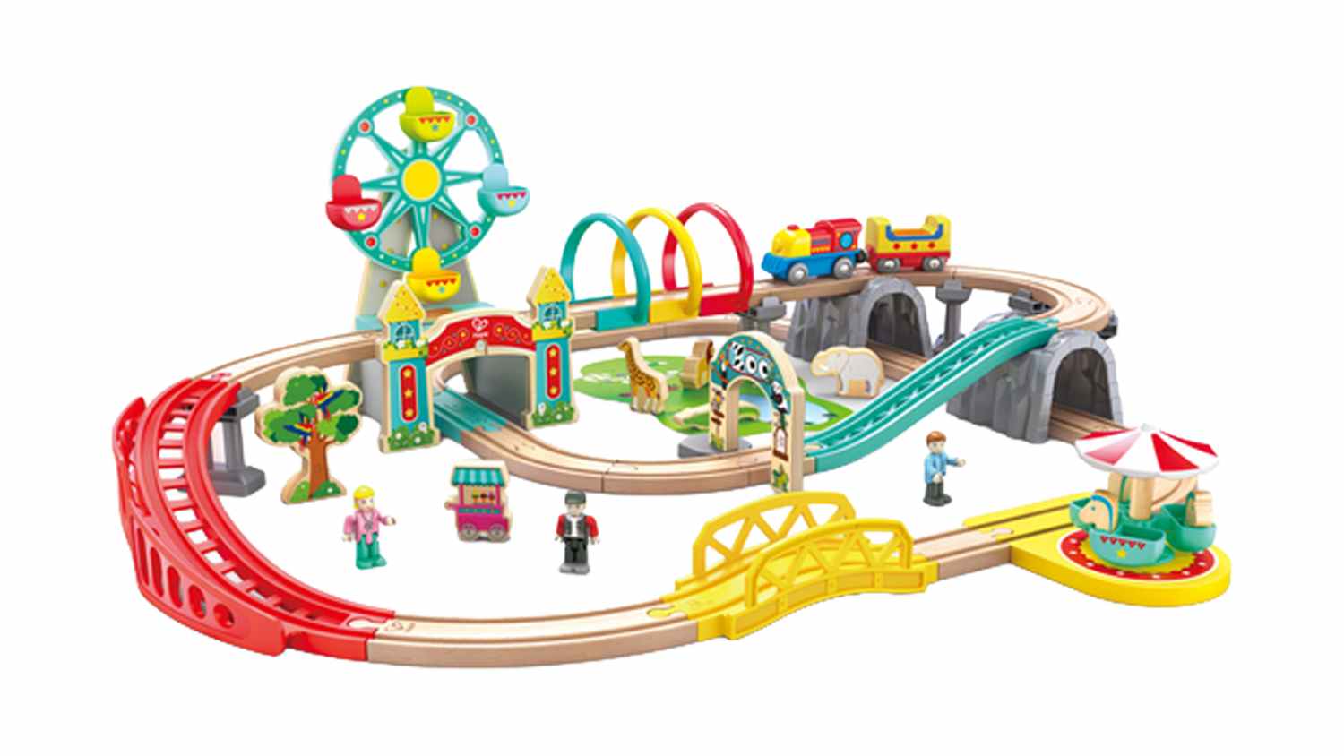 Angle view of a Hape Train Set featuring a colourful Ferris wheel, carousel, mountain tunnels, and a toy train on a curved track