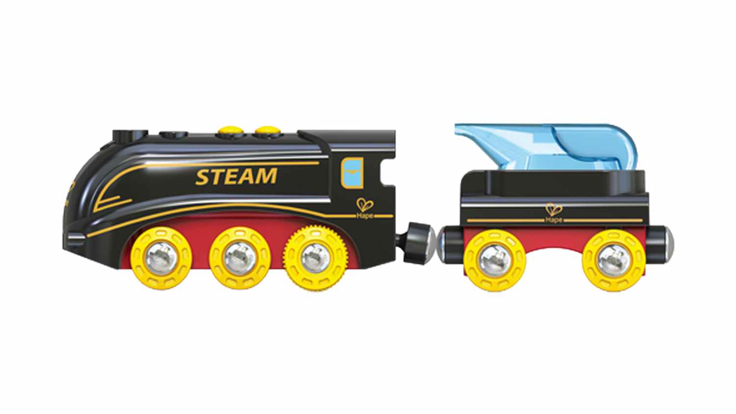 Side view of a Hape Steam & Whistle Rechargeable Toy Train with a black locomotive, yellow wheels, and an attached tender carrying blue plastic water