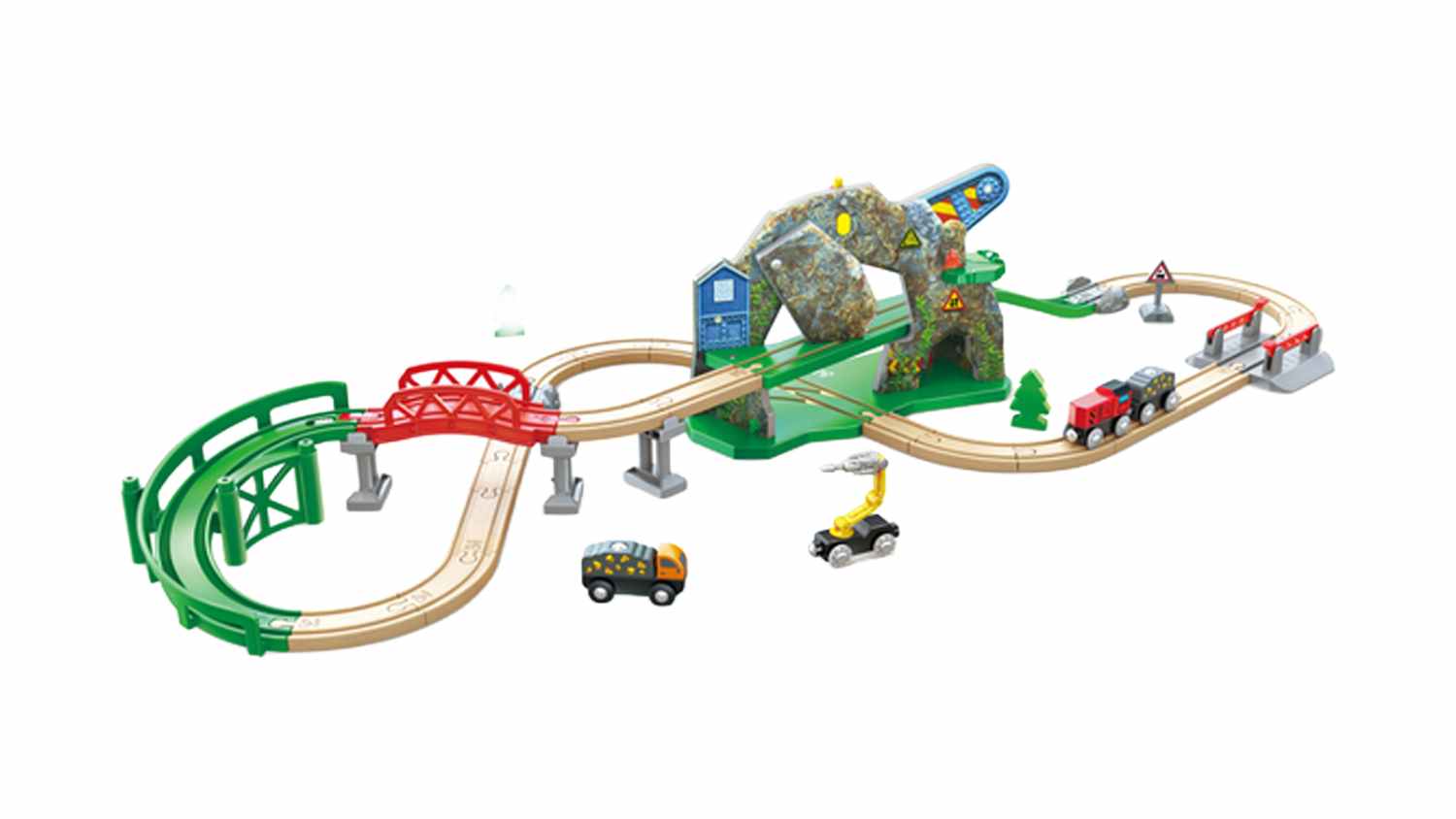 Angled view of a Hape Train Set featuring a green bridge, red bridge, multi-level mountain tunnel, and toy vehicles