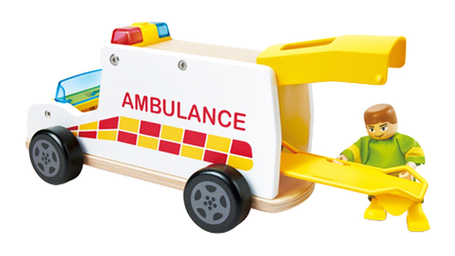 Hape "Rapid Response" Toy Ambulance with a removable stretcher and paramedic figure