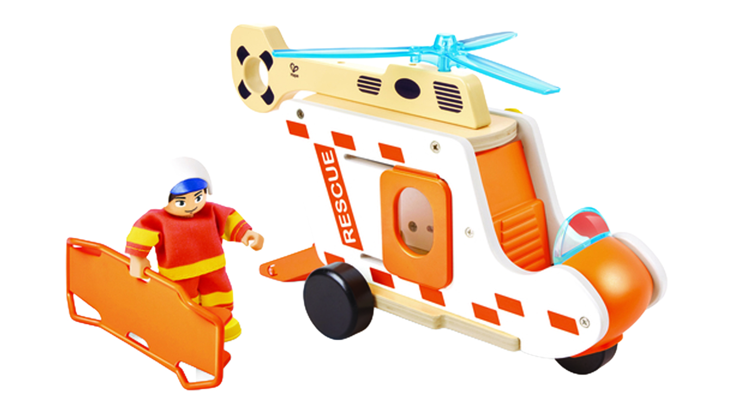 Hape "To The Rescue" Toy Helicopter with included rescue worker figure and rescue stretcher