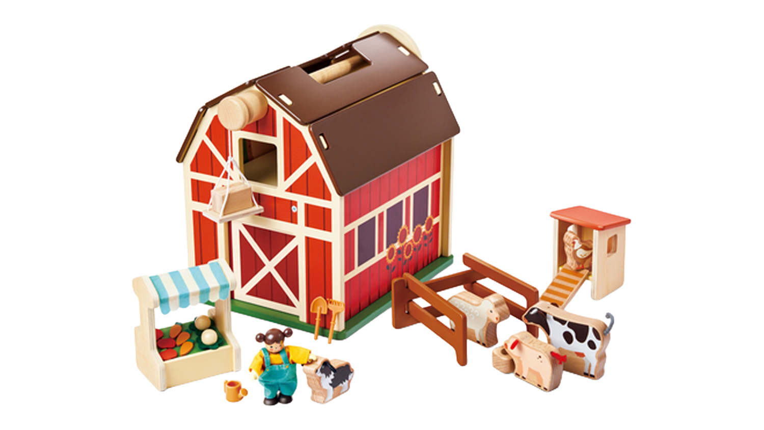 Hape Happy Farm Toy Set featuring a red wooden barn, farm animals, farmer figures, and accessories