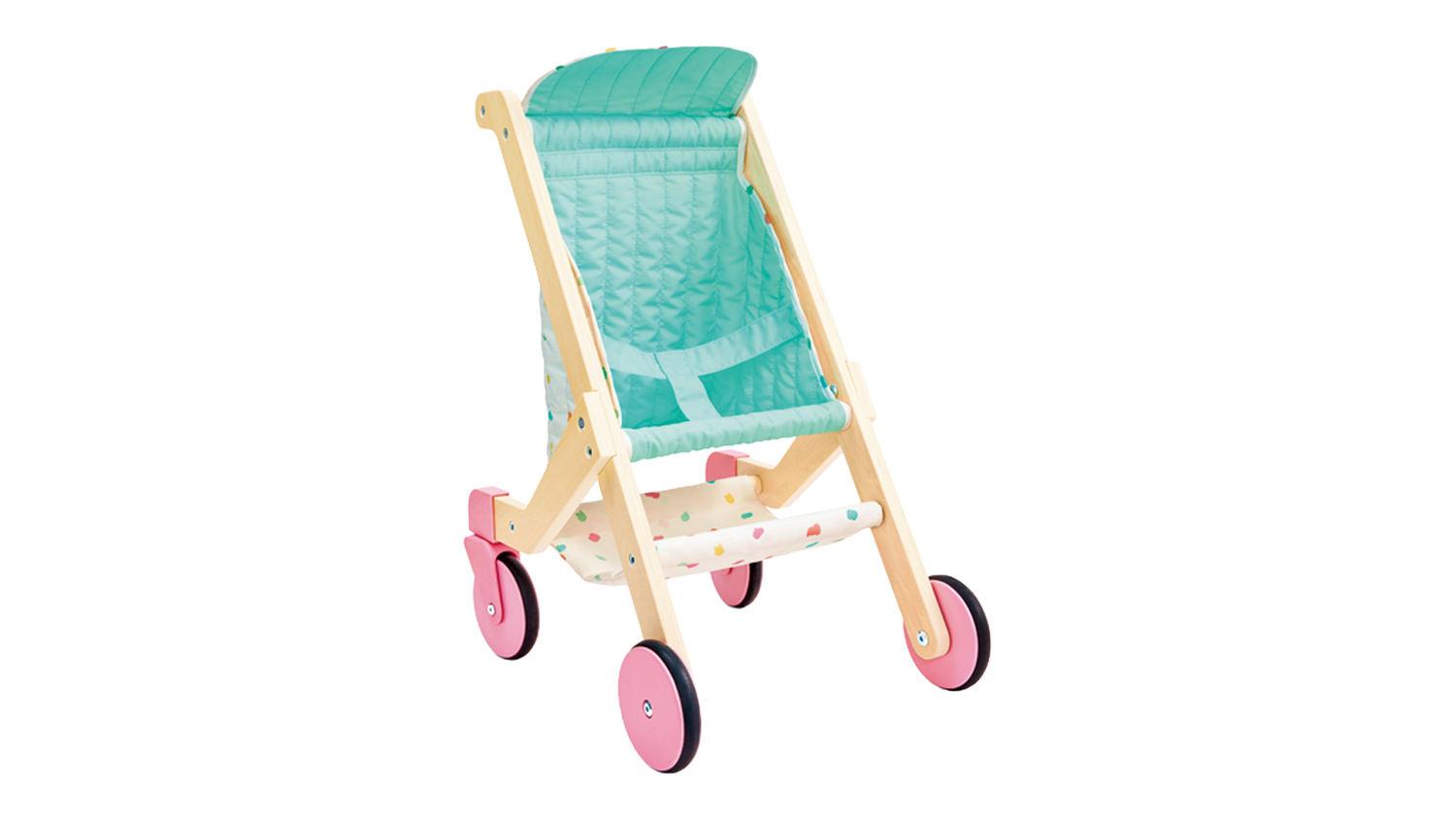 Hape Sweet Walks Doll Stroller featuring a wooden frame, pink wheels, and a patterned fabric seat