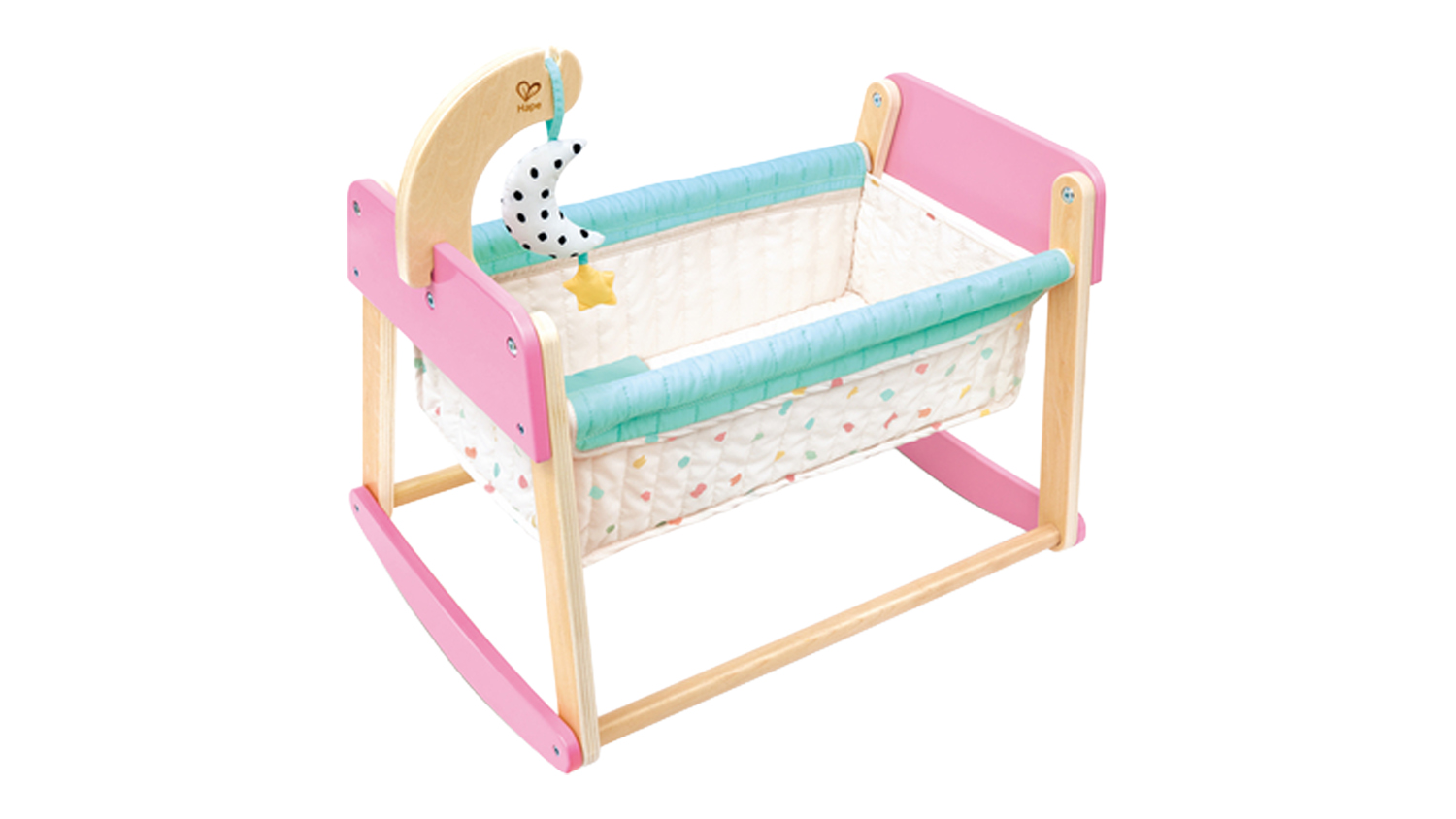 Hape Sweet Dreams Doll Bed featuring a wooden rocking cradle design with pink accents