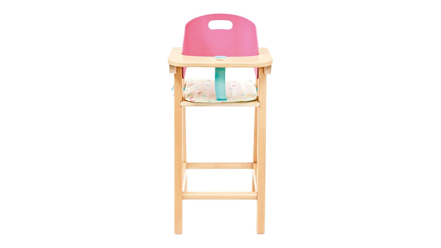 Hape Sweet Treats Doll Highchair featuring a wooden frame, pink seat back, tray table, and fabric seat insert