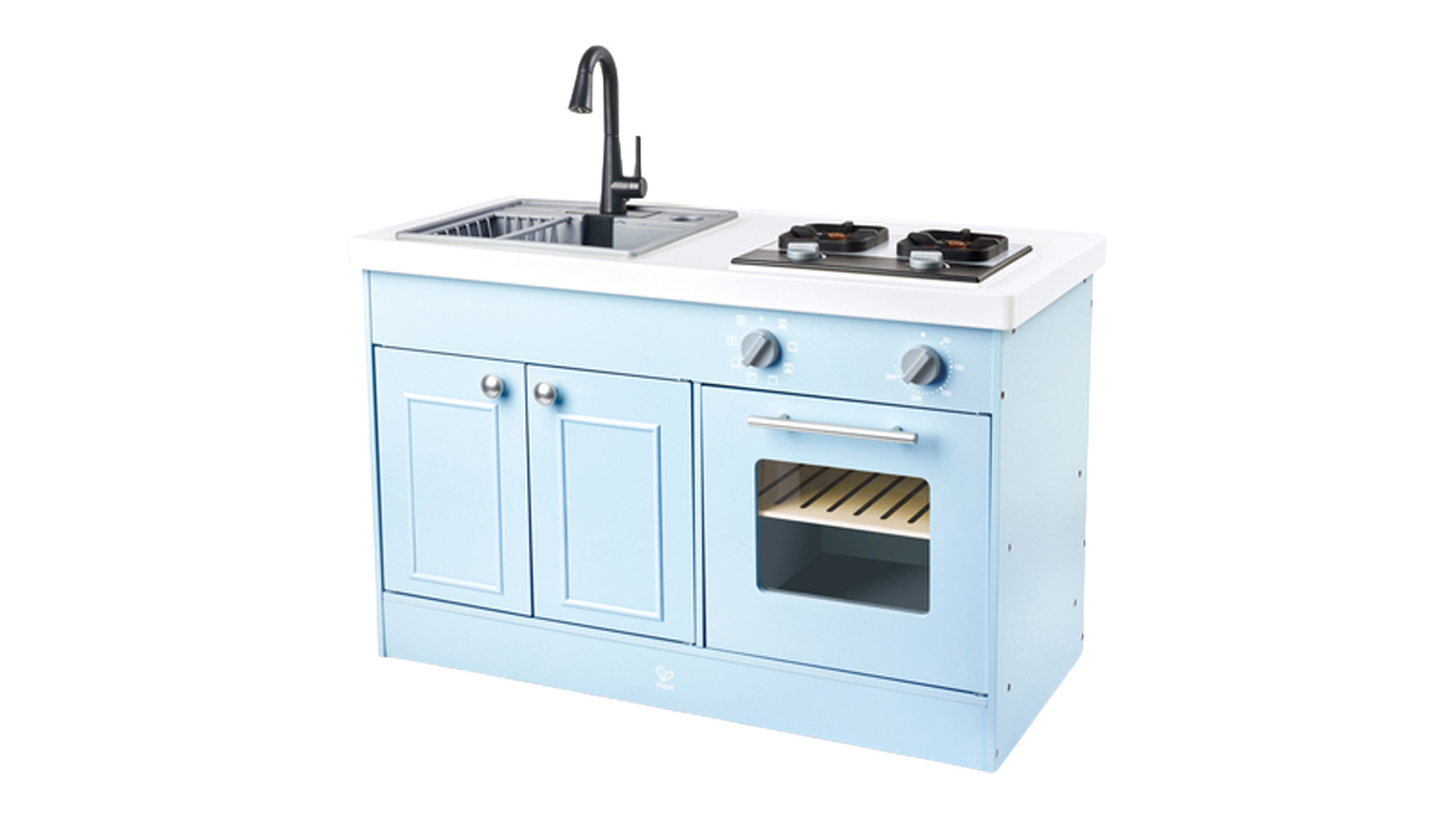 Hape Deluxe Play Kitchen with Running Water featuring a sink, stovetop, oven, and storage cabinets