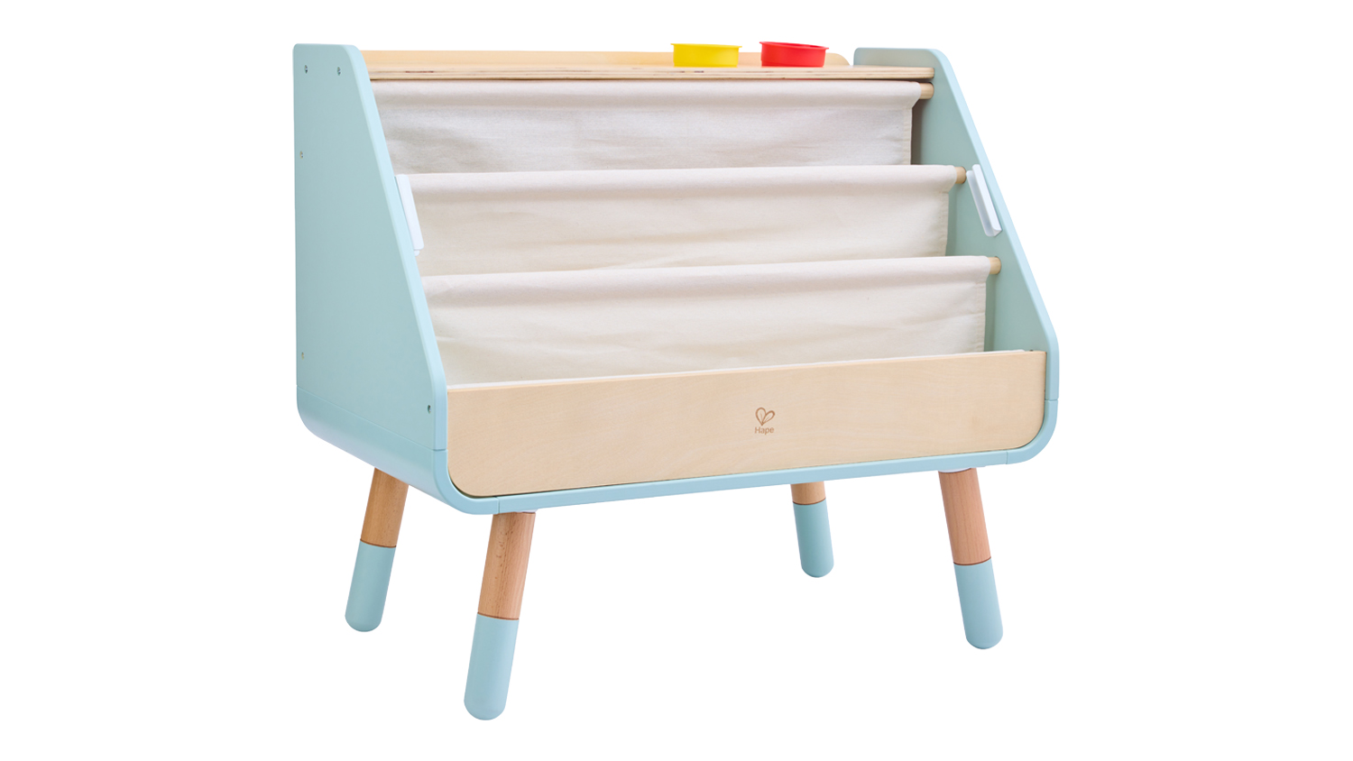 Hape Transforniture Read & Draw Sling Bookshelf featuring front-facing fabric book storage compartments