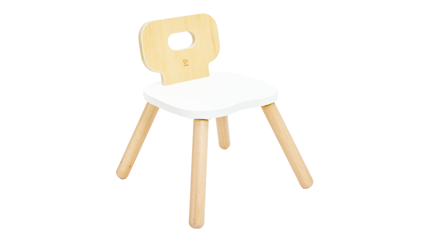Left-angled view of the Hape Children’s Chair with birch plywood backrest with handle cutout, and legs