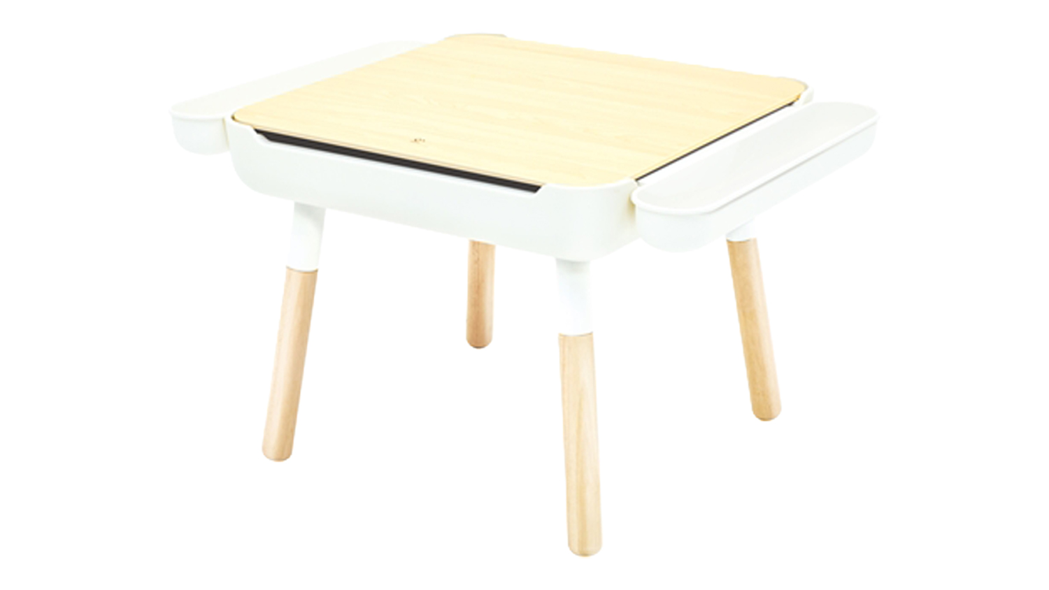 Hape Flip & Play Activity Table with wooden top panel, side trays and rounded base